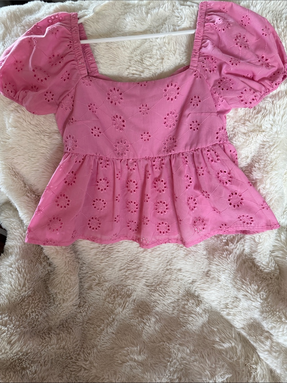 Altar'd State Pink Eyelet Puff-Sleeve Peplum Top